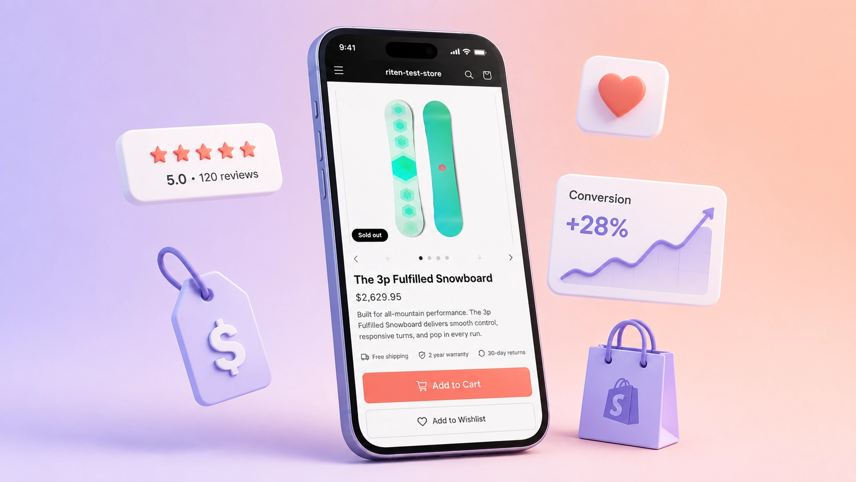 Mobile shopping scene with a polished Shopify product page showing five-star reviews and an Add to Cart button on a warm desk, illustrating high-converting product descriptions