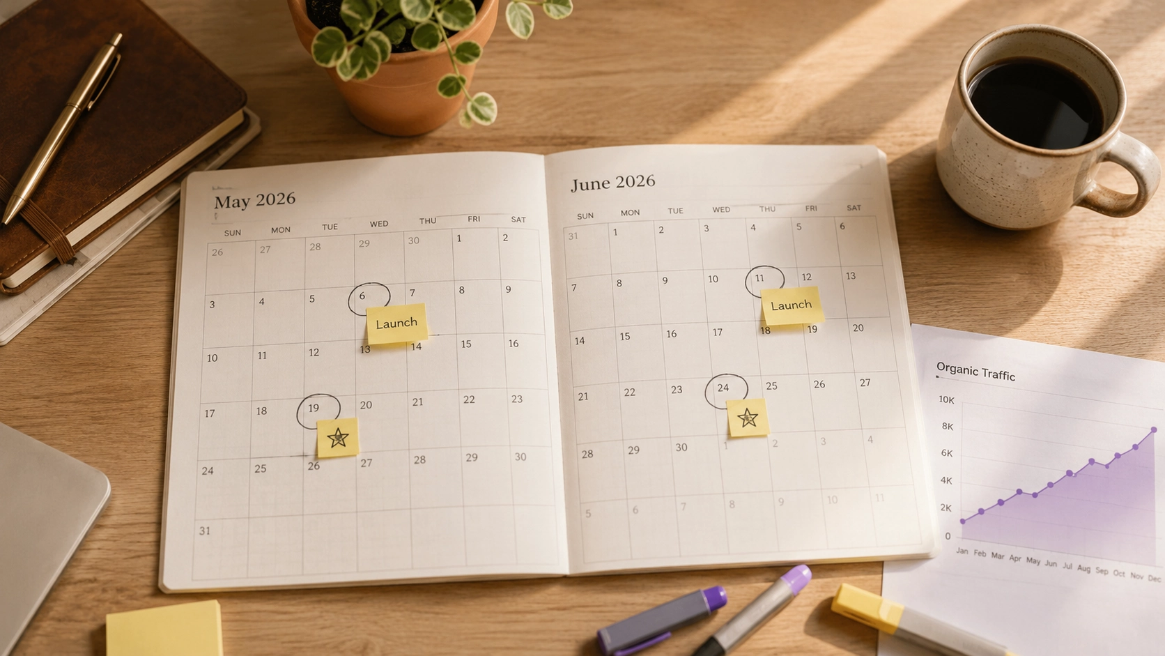 Quarterly content calendar laid out on a desk with a coffee mug and seasonal product callouts, illustrating an SEO content strategy that compounds