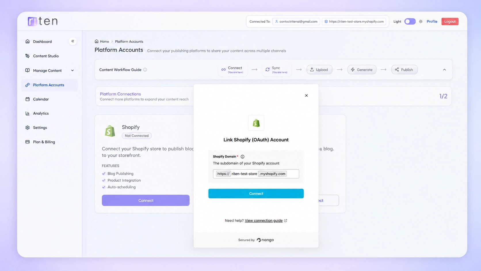 Riten AI Shopify OAuth connection screen during content creation for e-commerce setup
